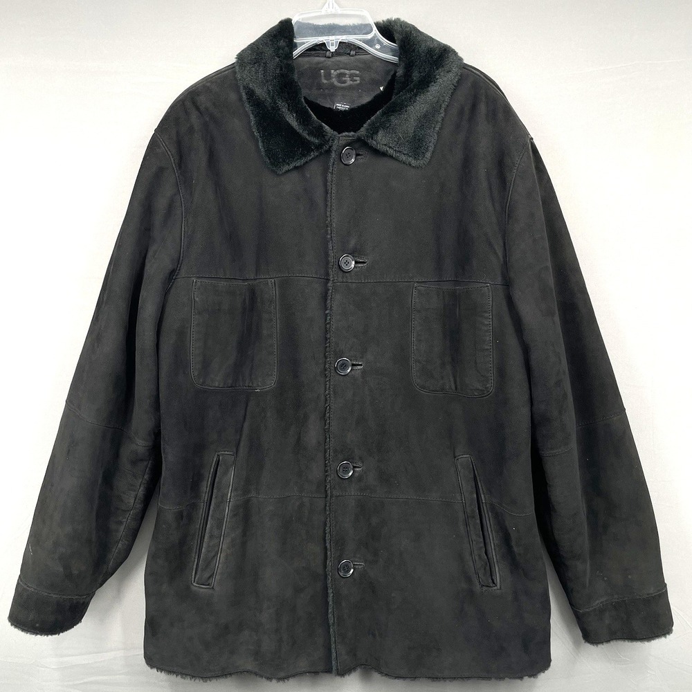 UGG Genuine Leather Suede Worker Trucker Button Jacket‎ Coat Size Large Faux Fur